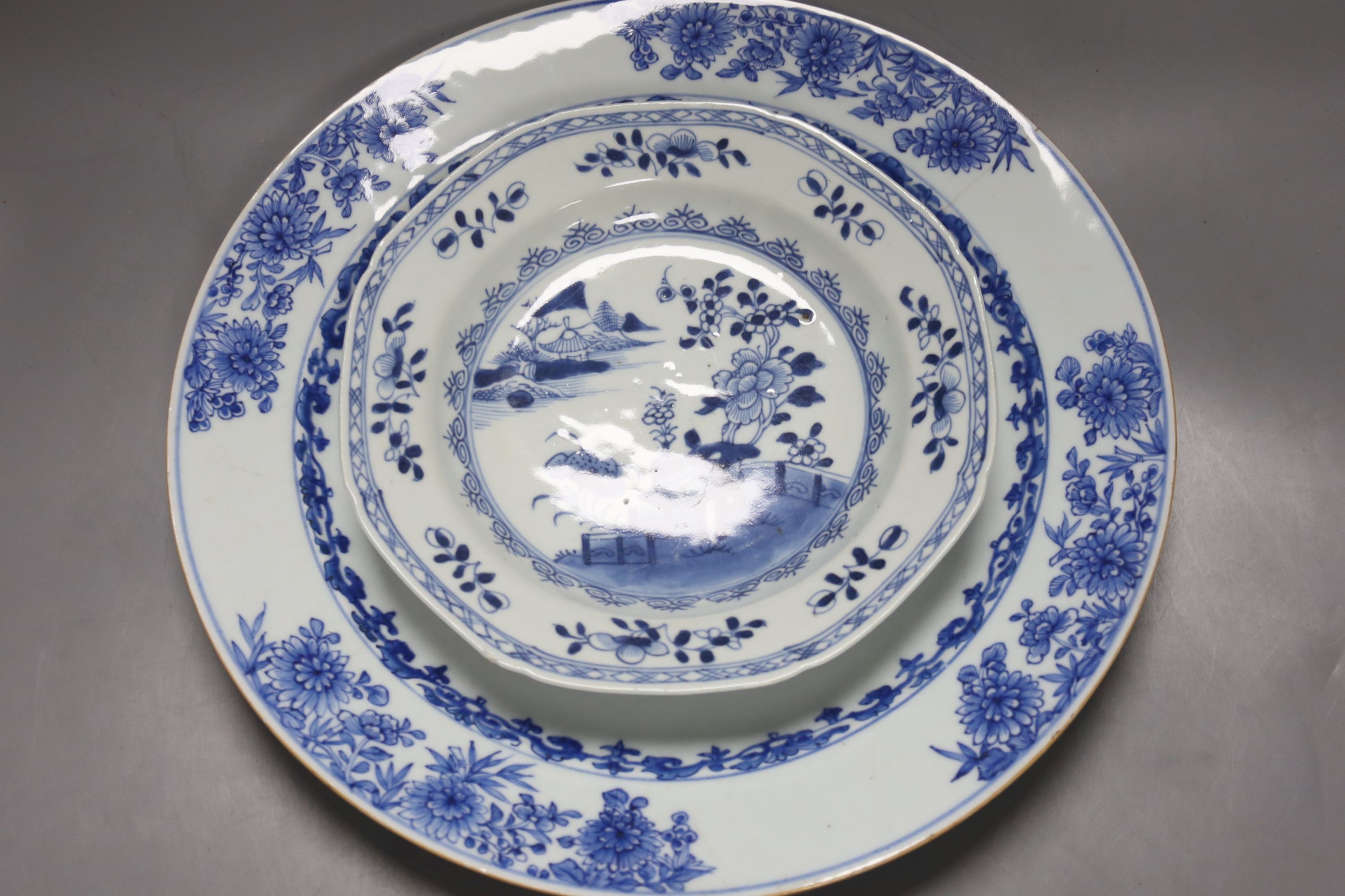 Two 18th century Chinese blue and white dishes and a water pot, largest item 34.5 cms diameter.
